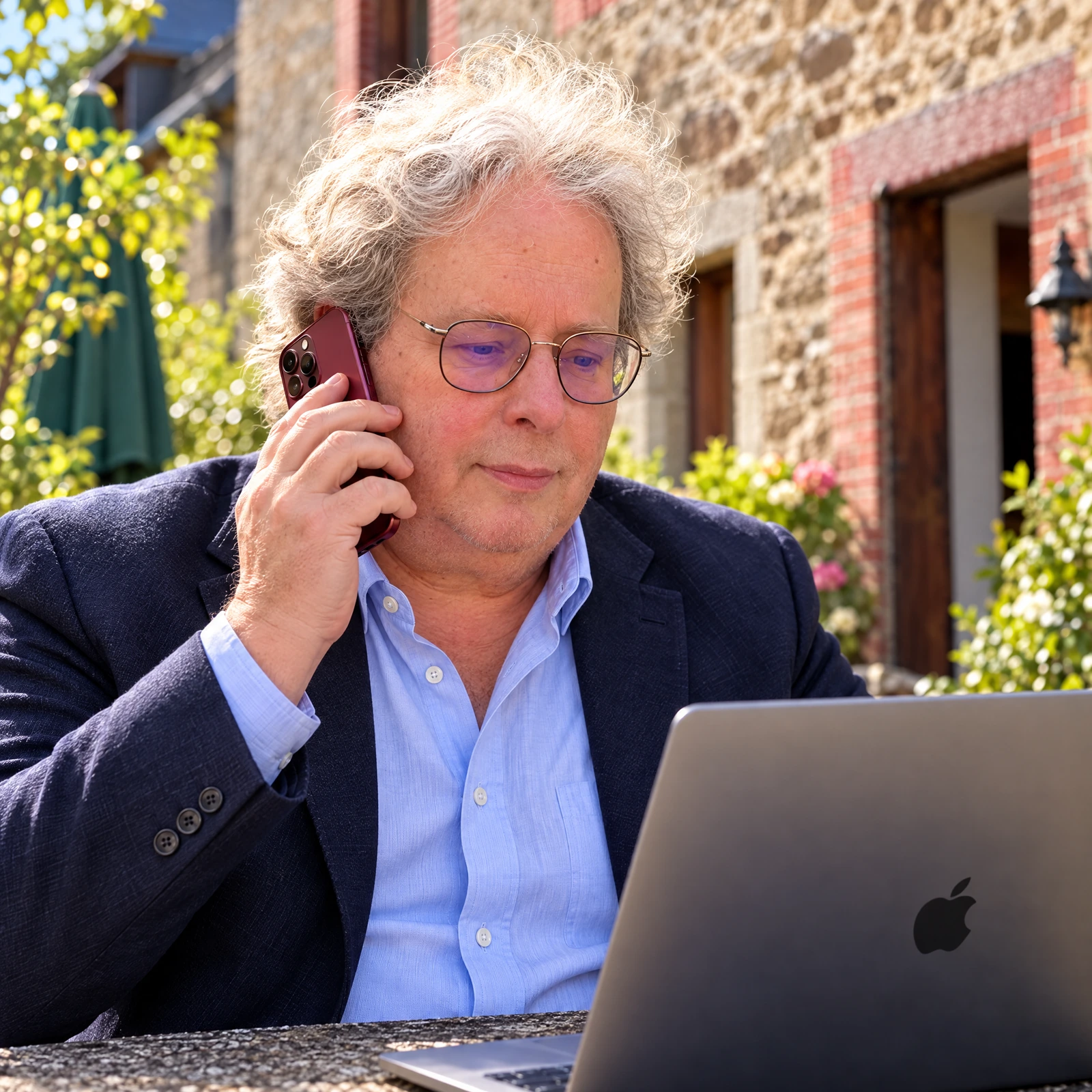 Serge Rouan au téléphone devant son ordinateur portable.